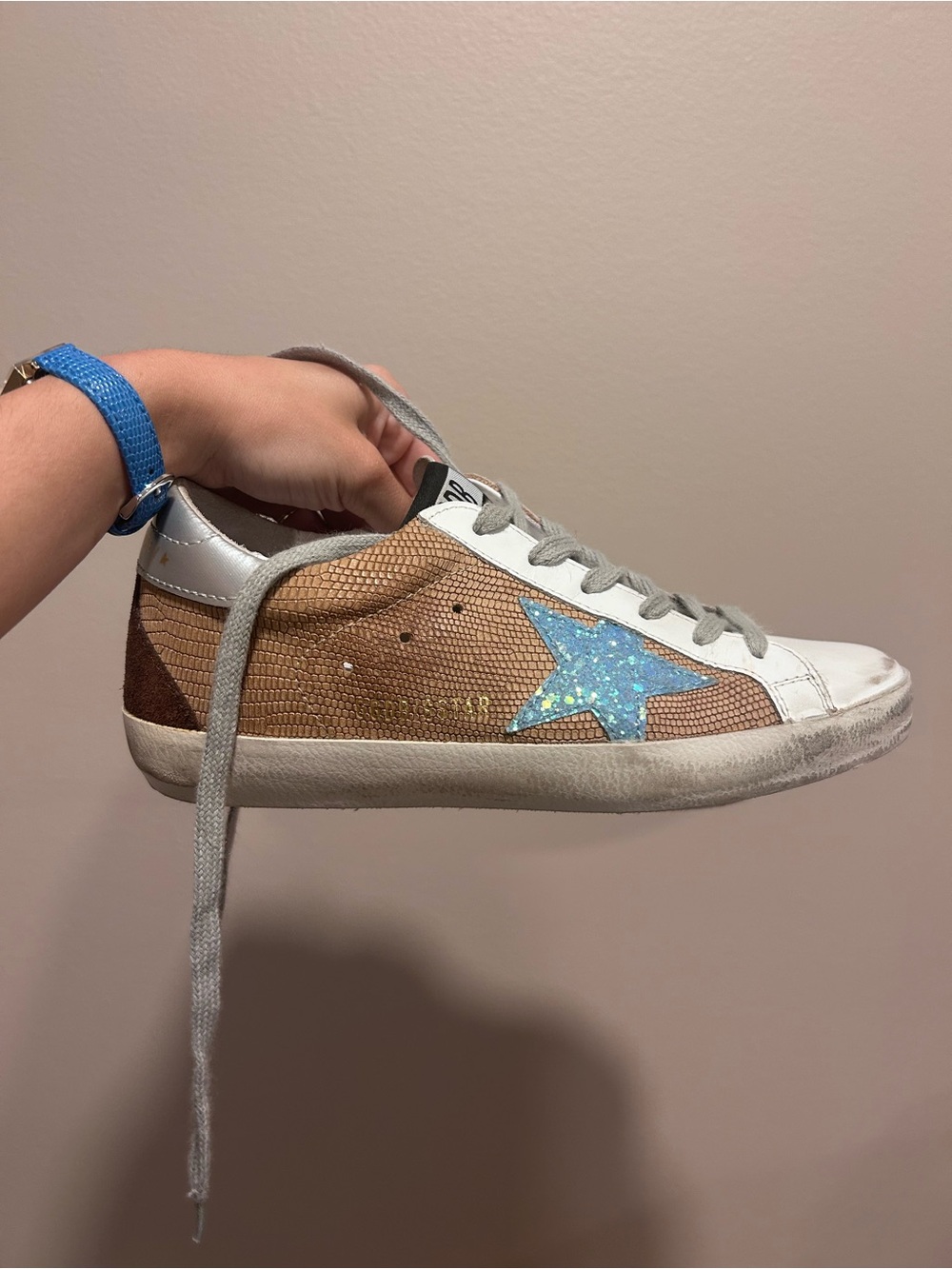 Golden Goose Brown Lizard with Blue Glitter Superstar Sneakers Size 35